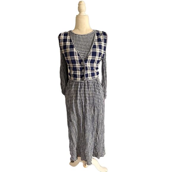 Vintage jbs limited dress blue check plaid vest maxi long sleeve EUC size large - Picture 1 of 4